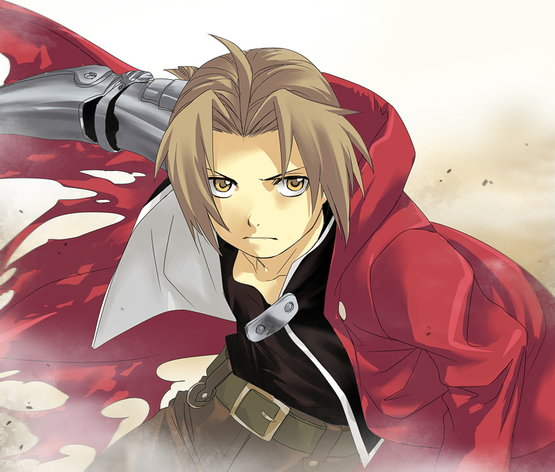 fujisaka kuuki, edward elric, fullmetal alchemist, bad id, bad pixiv id, 00s, 1boy, ahoge, belt, blonde hair, brown eyes, brown hair, dust, jacket, male focus, prosthesis, red jacket, solo, torn clothes, yellow eyes