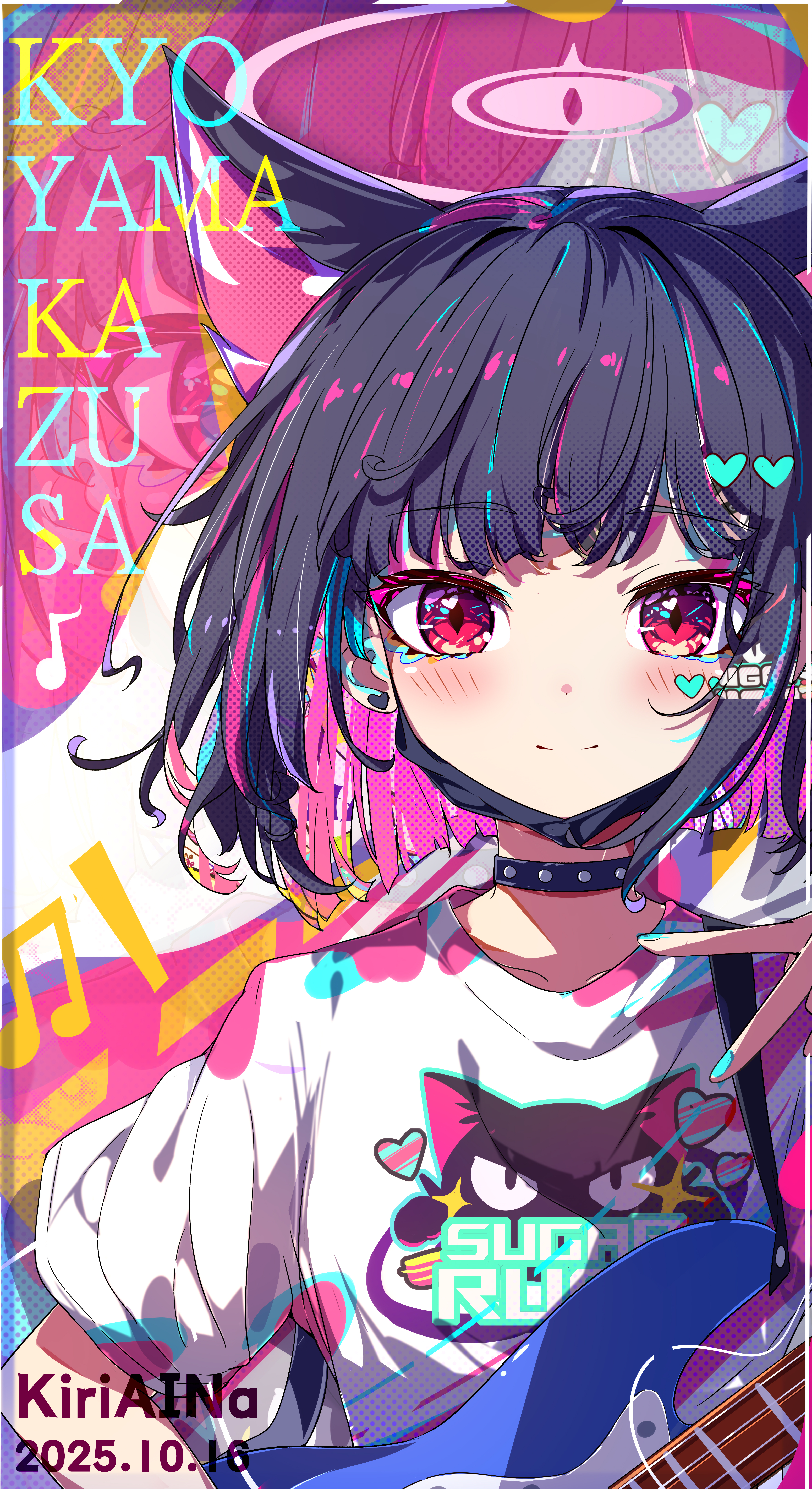 kiriaina, kazusa (band) (blue archive), kazusa (blue archive), blue archive, absurdres, commentary request, highres, 1girl, animal ears, artist name, black choker, black hair, blush, cat ears, cat girl, character name, choker, closed mouth, colored inner hair, dated, halo, hand up, looking at viewer, multicolored hair, official alternate costume, pink background, pink hair, pink halo, portrait, print shirt, red eyes, shirt, short hair, short sleeves, smile, solo, spiked choker, spikes, two-tone hair, white shirt