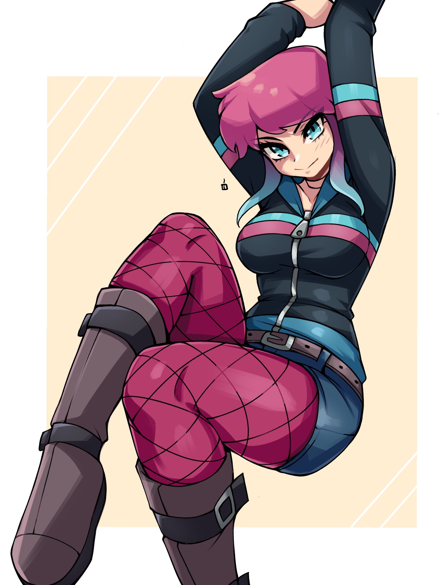 oninuer, ramona flowers, scott pilgrim (series), commentary, english commentary, highres, 1girl, arms up, black jacket, blue eyes, blue shorts, boots, border, breasts, brown boots, closed mouth, fishnet pantyhose, fishnets, foot out of frame, gradient hair, jacket, large breasts, long sleeves, looking at viewer, medium hair, multicolored hair, outside border, pantyhose, parted bangs, pink hair, pink pantyhose, short shorts, shorts, smile, solo, white border, yellow background, zipper, zipper pull tab