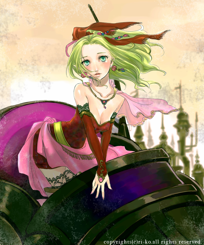ri-ko, tina branford, final fantasy, final fantasy vi, bad id, bad pixiv id, 1990s (style), 1girl, bare shoulders, blush, breasts, cape, cleavage, collarbone, elbow gloves, female focus, gloves, green eyes, green hair, hair ribbon, long hair, matching hair/eyes, outdoors, pantyhose, pointy ears, ribbon, sky, solo
