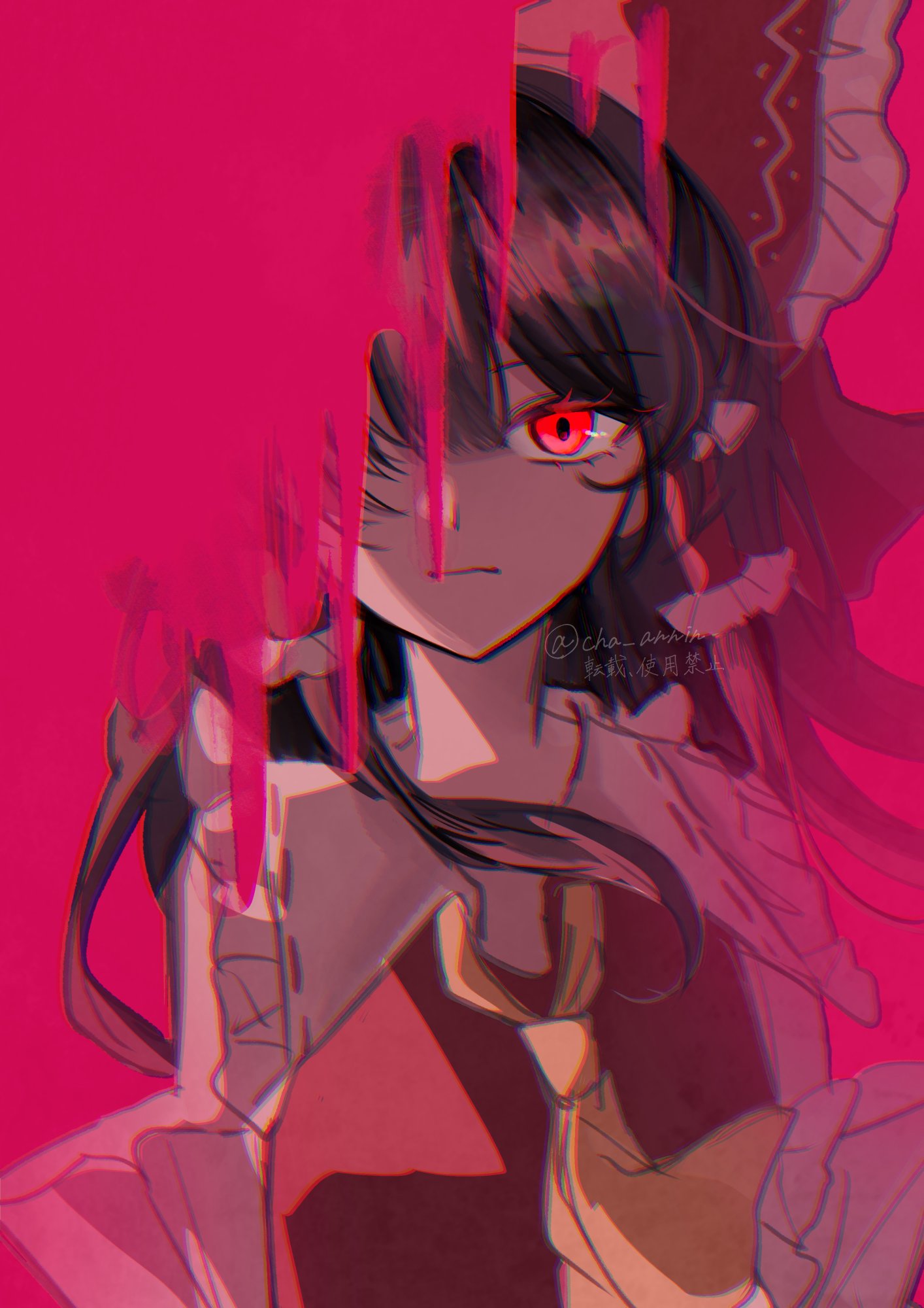 annin cha, hakurei reimu, touhou, highres, 1girl, black hair, closed mouth, frilled ribbon, frills, hair between eyes, hair ribbon, long hair, looking at viewer, neckerchief, red background, red eyes, red shirt, ribbon, shirt, sleeveless, sleeveless shirt, solo, twitter username, upper body, yellow neckerchief