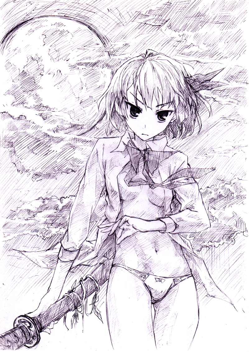pino (birthdayparty), pino (pixiv), konpaku youmu, touhou, traditional media, 1girl, breasts, female focus, katana, monochrome, no bra, open clothes, open shirt, purple theme, shirt, short hair, small breasts, solo, sword, weapon