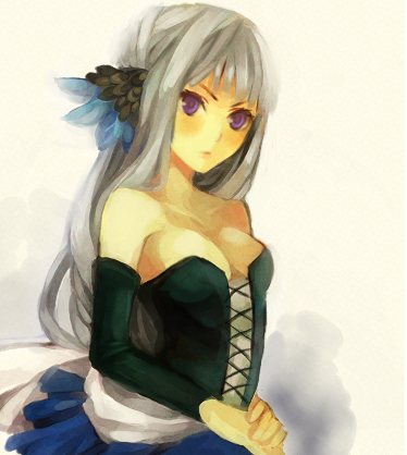 vanille, gwendolyn (odin sphere), odin sphere, silver hair, lowres, 1girl, blush, breasts, cleavage, corset, dress, elbow gloves, female focus, gloves, large breasts, long hair, purple eyes, solo, strapless, strapless dress