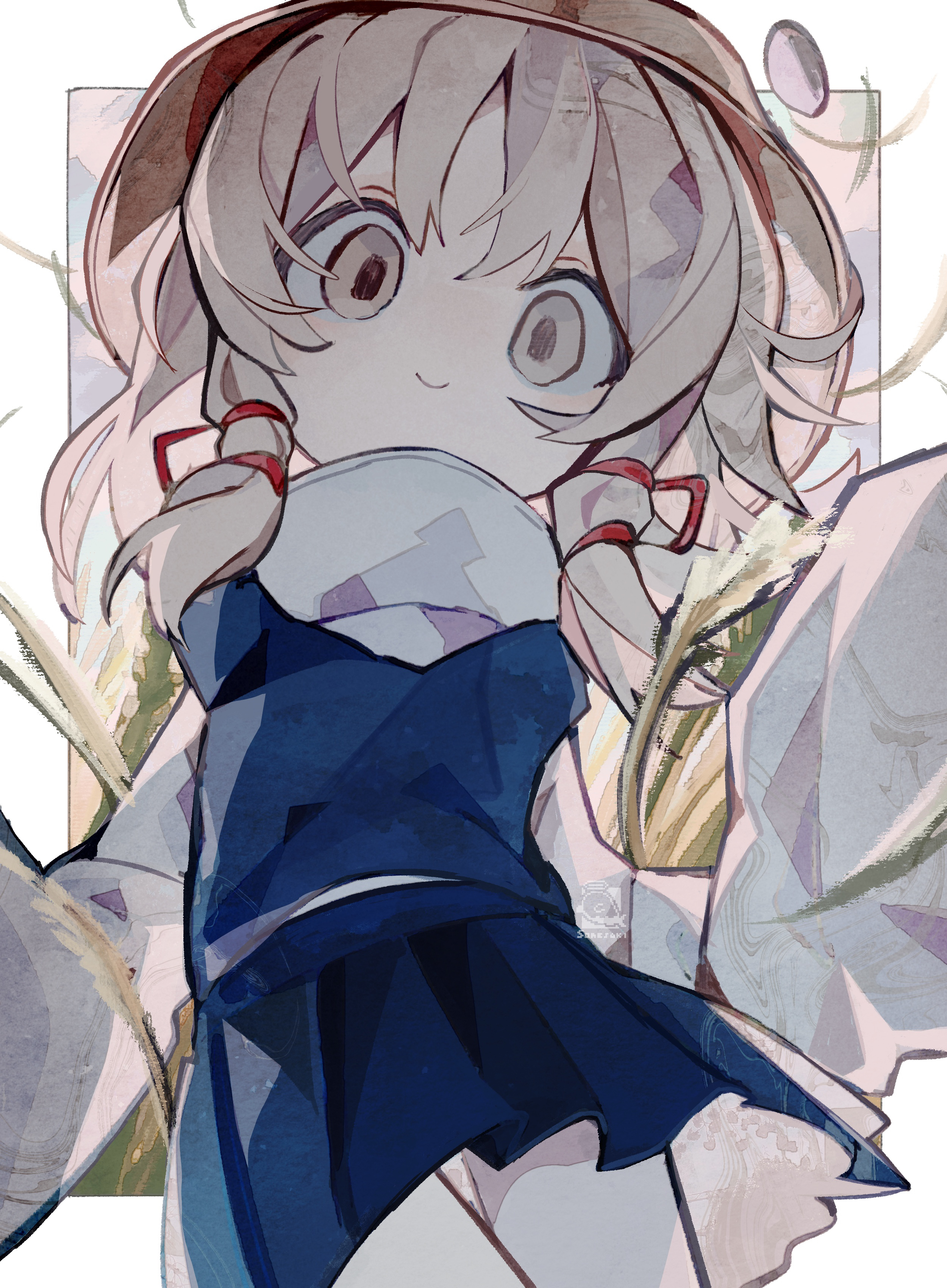 soresaki, moriya suwako, touhou, absurdres, highres, 1girl, blonde hair, blue skirt, blue vest, brown hat, closed mouth, cowboy shot, frog hat, hat, long hair, looking at viewer, shirt, sidelocks, skirt, sleeves past fingers, sleeves past wrists, smile, solo, vest, white shirt, wide sleeves, yellow eyes