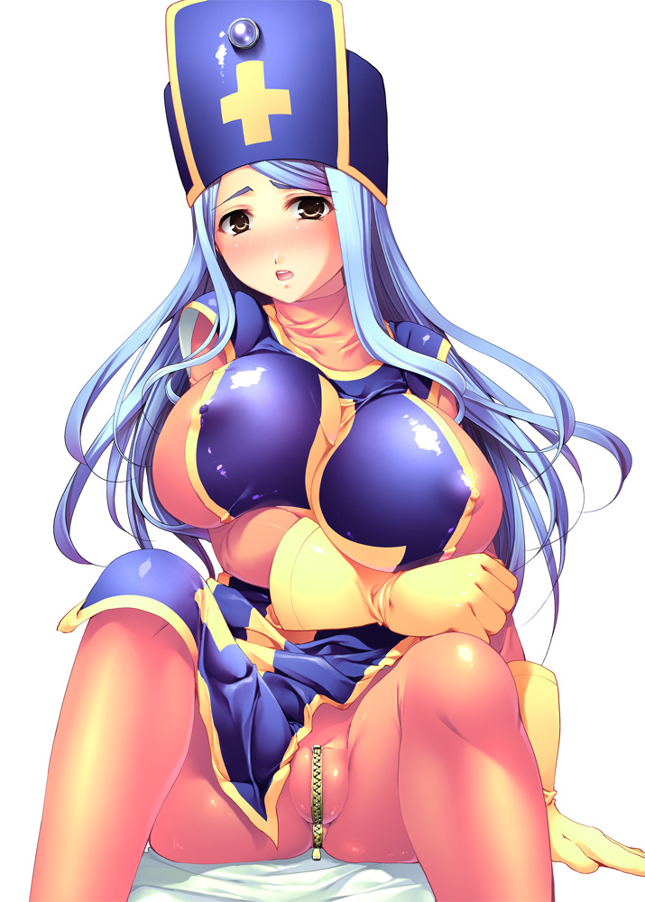 ookami ryousuke, priest (dq3), chunsoft, dragon quest, dragon quest iii, enix, breast hold, bad id, bad pixiv id, 1girl, blue hair, blush, bodysuit, breasts, brown eyes, covered erect nipples, crotch zipper, fat mons, female focus, gloves, hat, huge breasts, latex, latex gloves, latex suit, long hair, mitre, sitting, skin tight, solo, tabard, zipper