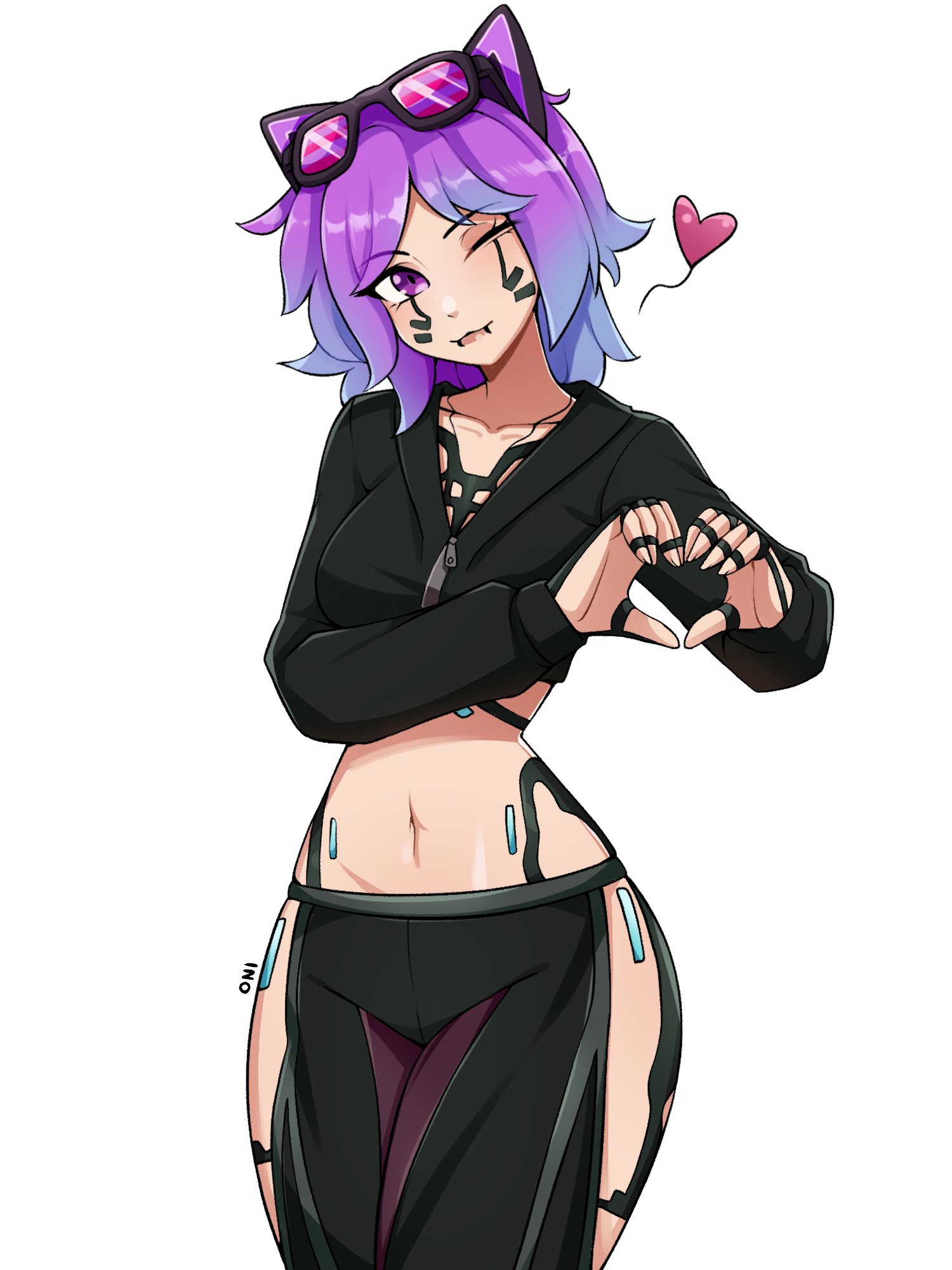 oninuer, original, commentary, commission, english commentary, highres, 1girl, animal ears, black hoodie, black pants, body markings, breasts, cat ears, closed mouth, collarbone, cowboy shot, cropped hoodie, eyewear on head, facial mark, fake animal ears, glasses, heart, heart hands, hood, hood down, hoodie, long sleeves, looking at viewer, medium breasts, midriff, navel, one eye closed, pants, parted bangs, purple-tinted eyewear, purple eyes, purple hair, short hair, simple background, smile, solo, tinted eyewear, whisker markings, white background, zipper, zipper pull tab