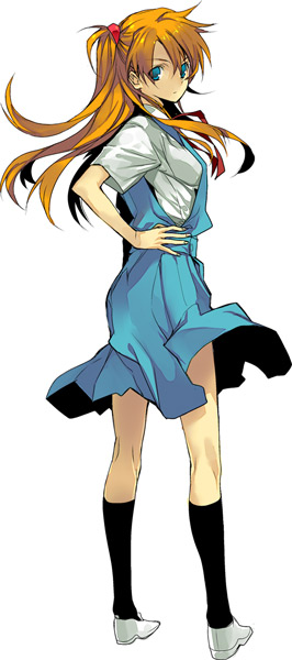 sumi hei, umebo, souryuu asuka langley, neon genesis evangelion, 1girl, black socks, blue eyes, breasts, female focus, hair ornament, interface headset (evangelion), kneehighs, long hair, orange hair, school uniform, shoes, skirt, small breasts, socks, solo, suspender skirt, suspenders, two side up, white shoes