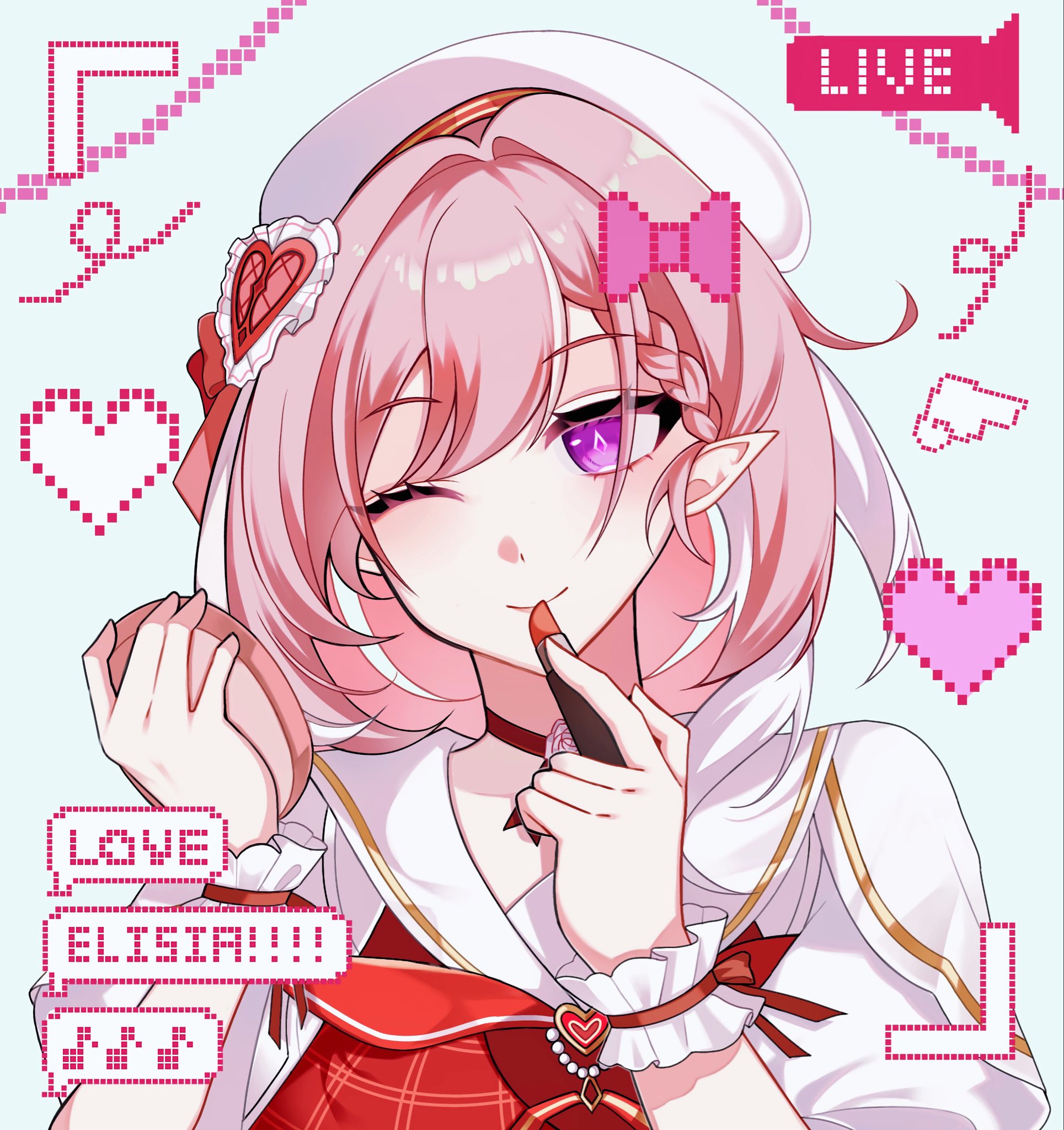 suiii wee92, elysia (hi love elf) (honkai impact), elysia (honkai impact), honkai (series), honkai impact 3rd, highres, 1girl, ;), applying makeup, beret, cosmetics, diamond-shaped pupils, diamond (shape), dress, elf, hat, heart, holding, holding lipstick tube, holding mirror, lipstick tube, livestream, long hair, mirror, multicolored hair, one eye closed, pink hair, pointy ears, purple eyes, smile, solo, symbol-shaped pupils, two-tone hair, upper body, white dress, white hair