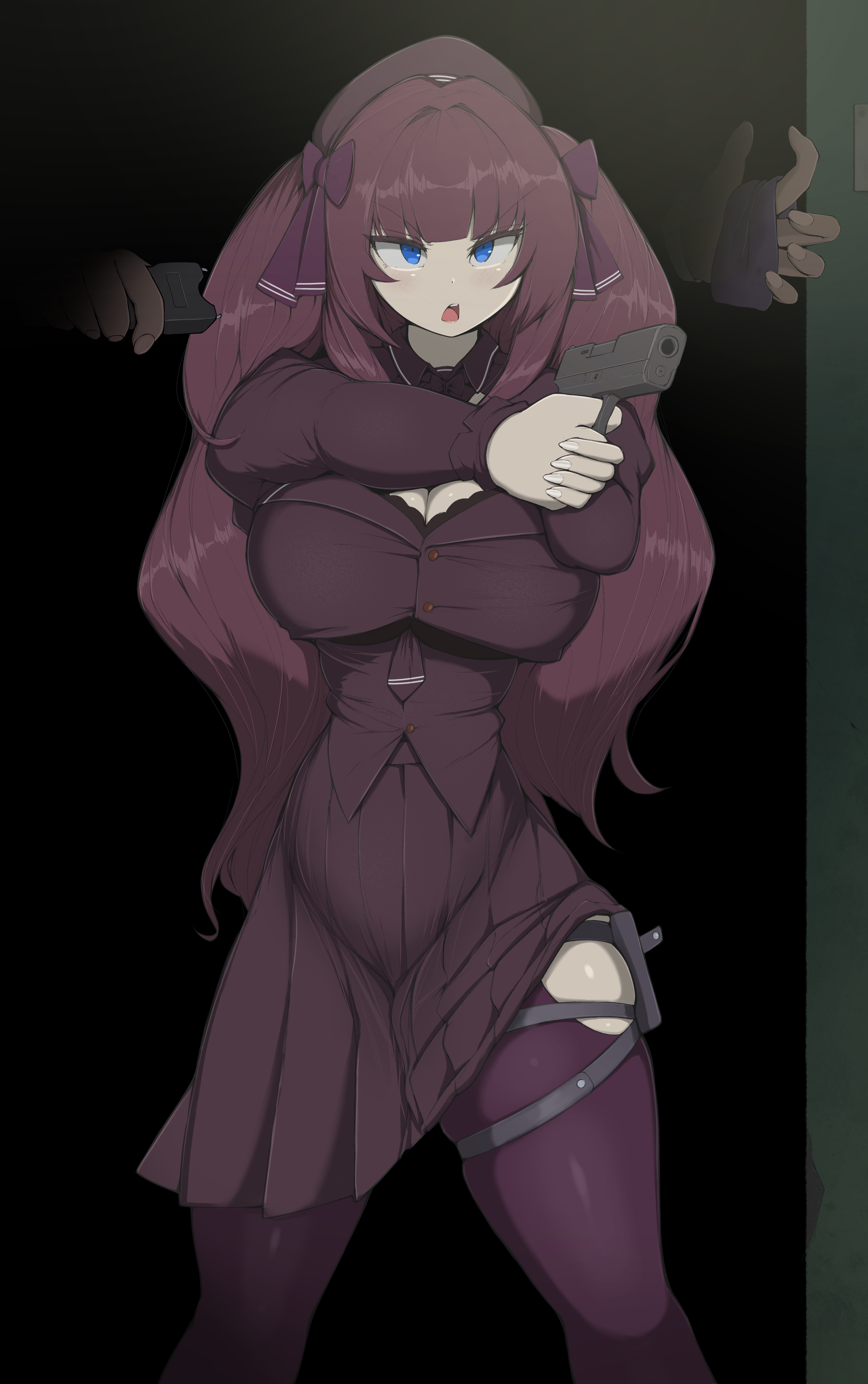 ameng (katena1990), original, absurdres, highres, 1girl, blue eyes, breasts, gun, handgun, large breasts, long hair, purple thighhighs, red hair, red shirt, red skirt, shirt, skirt, taser, thighhighs, weapon