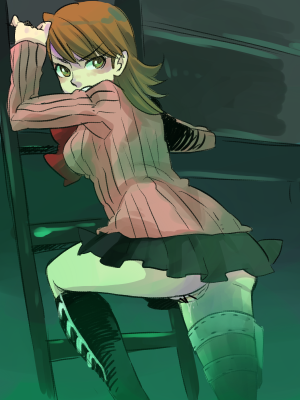 imoda, takeba yukari, atlus, persona, persona 3, bad id, bad pixiv id, 1girl, ass, bar censor, brown eyes, brown hair, cardigan, censored, climbing, climbing ladder, female focus, holster, kneehighs, ladder, looking back, miniskirt, no panties, pussy, pussy juice, school uniform, short hair, skirt, socks, solo, thigh holster, upskirt, wet