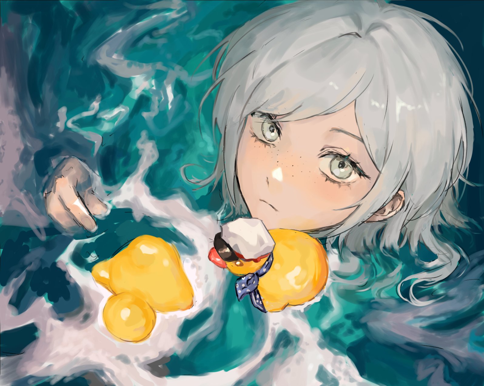 vertin (reverse:1999), reverse:1999, highres, 1girl, closed mouth, freckles, grey eyes, grey hair, hand up, looking at viewer, mikkang, partially submerged, portrait, rubber duck, short hair, solo, water