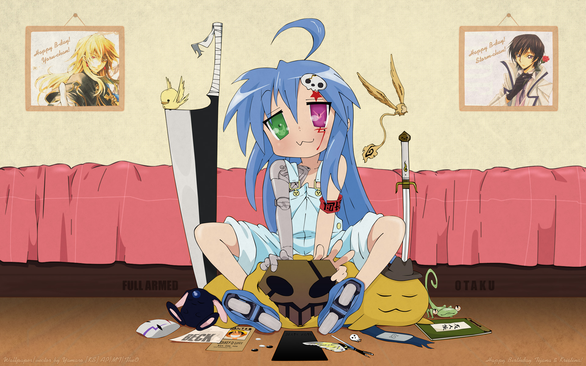 allen walker, cheese-kun, edward elric, hei (darker than black), izumi konata, lelouch vi britannia, leon (katekyo hitman reborn!), mokona, monkey d. luffy, suzumiya haruhi, zangetsu (bleach), air gear, bakuman, beck, bleach, code geass, d.gray-man, darker than black, death note, fullmetal alchemist, hikaru no go, katekyo hitman reborn!, lucky star, naruto (classic), naruto (series), natsume yuujinchou, one piece, pandora hearts, pizza hut, rozen maiden, samurai champloo, soul eater, suzumiya haruhi no yuuutsu, tengen toppa gurren lagann, xxxholic, artist request, highres, third-party edit, 1girl, :3, ahoge, armband, bed, bird, blue hair, chameleon, crossover, facial mark, female focus, flat chest, g-pen, geass, green eyes, hat, headband, heterochromia, inline skates, lizard, long hair, mask, naked overalls, otaku, overalls, parody, pen, prosthesis, purple eyes, roller skates, sitting, skates, solo, spread legs, stuffed animal, stuffed toy, sword, very long hair, watermark, weapon, what