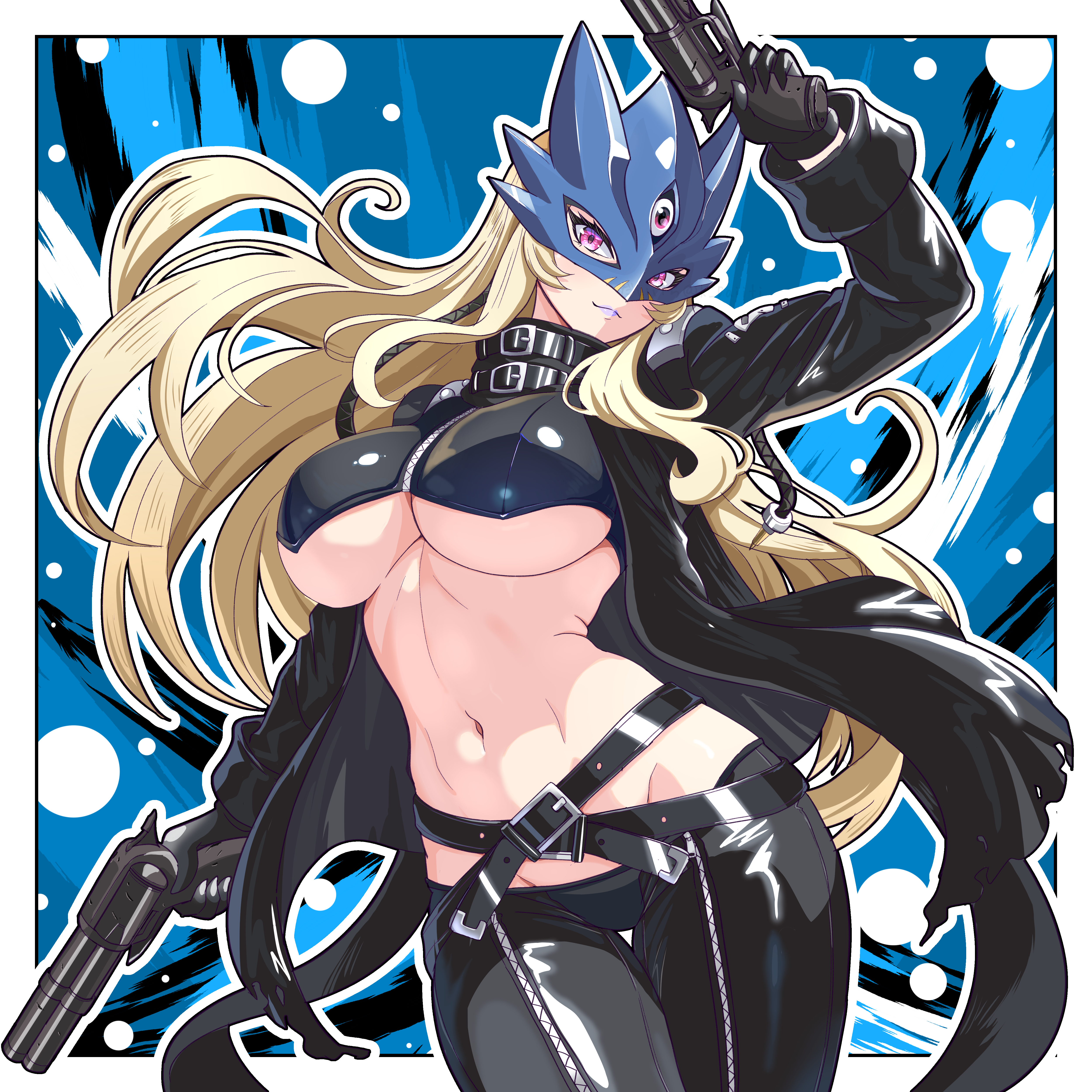 daiichi (k daiiti), beelstarmon, digimon, absurdres, highres, 1girl, belt, black belt, black coat, black pants, blonde hair, breasts, coat, cropped vest, digimon (creature), eye mask, gun, holding, holding gun, holding weapon, leather, long hair, mask, navel, pants, pink eyes, solo, third eye, underboob, vest, weapon
