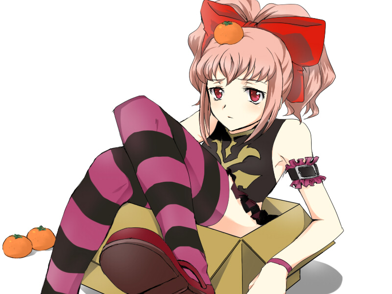 paparu, anya alstreim, code geass, 00s, bow, box, food, fruit, orange (fruit), pink hair, red eyes, solo, thighhighs
