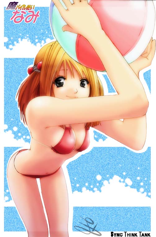 sukabu, bad id, bad pixiv id, 1girl, bad anatomy, ball, beachball, bent over, bikini, black eyes, blonde hair, female focus, short hair, solo, swimsuit
