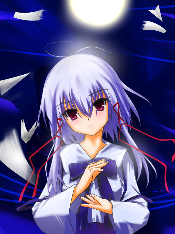 benibana, morimiya aono, sola, silver hair, bad id, bad pixiv id, 00s, 1girl, bow, dress, expressionless, female focus, hair ornament, moon, paper, red eyes, short hair, short hair with long locks, solo