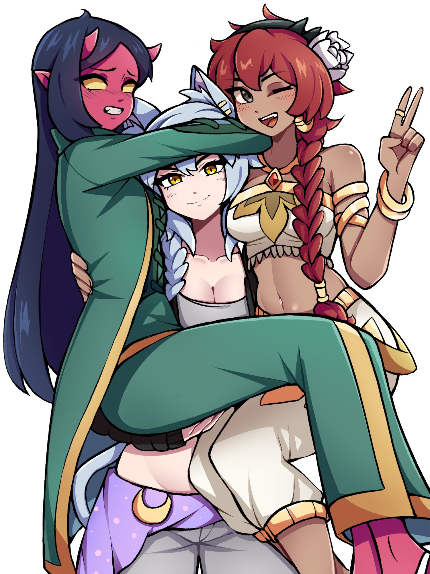 oninuer, original, commentary, commission, english commentary, highres, 3girls, animal ear fluff, animal ears, bare shoulders, black eyes, black hair, braid, breasts, carrying, carrying person, cat ears, cat girl, cleavage, closed mouth, coat, collarbone, colored skin, crop top, dark-skinned female, dark skin, demon girl, demon horns, double-parted bangs, dress, flower, gem, green coat, green dress, grey hair, hair flower, hair ornament, hand up, horns, hug, jewelry, long hair, long sleeves, looking at viewer, medium breasts, midriff, multiple girls, navel, one eye closed, open mouth, pants, parted bangs, pointy ears, red gemstone, red hair, red skin, ring, simple background, smile, solid eyes, straight hair, v, white background, white flower, white pants, yellow eyes
