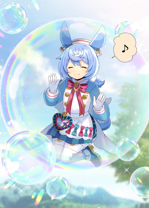 kou hiyoyo, sigewinne (genshin impact), genshin impact, character request, commentary request, commission, skeb commission, 1girl, animal ears, apron, blue dress, blue hair, bow, bowtie, bubble, closed eyes, closed mouth, dress, eighth note, gloves, hands up, hat, long sleeves, low twintails, medium hair, musical note, nurse cap, pantyhose, puffy long sleeves, puffy sleeves, red bow, red bowtie, smile, solo, speech bubble, spoken musical note, twintails, white apron, white gloves, white pantyhose