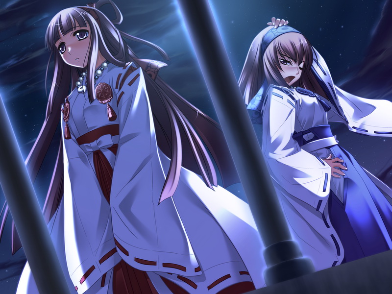 sakaue tsukuyo, sakaue youko, tenkuu no yumina, game cg, 2girls, amulet, aqua eyes, black hair, blunt bangs, blush, dutch angle, hairband, hand on own hip, hime cut, hip focus, japanese clothes, jewelry, long hair, magatama, miko, multiple girls, necklace, night, night sky, purple eyes, sky, v arms