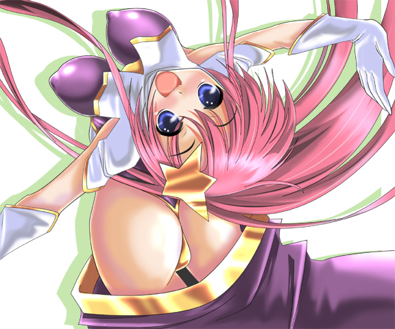 puo, meer campbell, gundam, gundam seed, gundam seed destiny, bad id, bad pixiv id, 00s, 1girl, ass, blue eyes, breasts, female focus, gloves, hair ornament, leotard, long hair, looking up, open mouth, panties, pink hair, skirt, solo, star (symbol), star hair ornament, thong, underwear