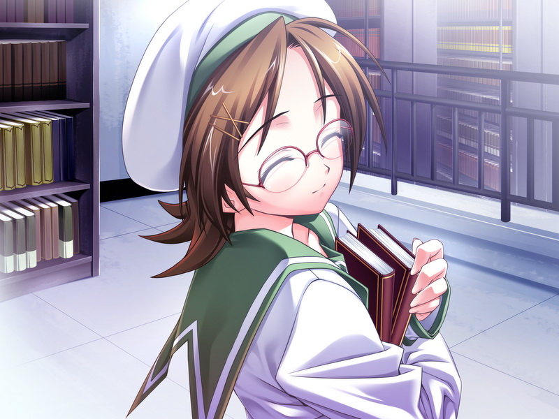 honma maino, tenkuu no yumina, game cg, 1girl, beret, book, brown hair, female focus, glasses, hat, library, school uniform, short hair, smile, solo