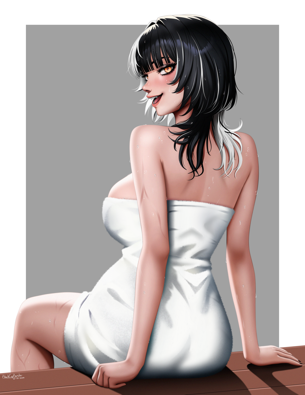 blackcapbandit, shiori novella, hololive, hololive english, highres, 1girl, ass, black hair, breasts, grey hair, large breasts, long hair, multicolored hair, open mouth, sitting, solo, towel, two-tone hair, virtual youtuber, wet, wet hair, white hair, yellow eyes