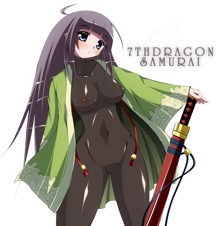 kaga taichi, saga taichi, ran (7th dragon), samurai (7th dragon), 7th dragon, 7th dragon (series), bad id, bad pixiv id, 1girl, ahoge, black hair, blue eyes, bodysuit, breasts, covered erect nipples, female focus, large breasts, latex, long hair, purple hair, see-through clothes, skin tight, solo