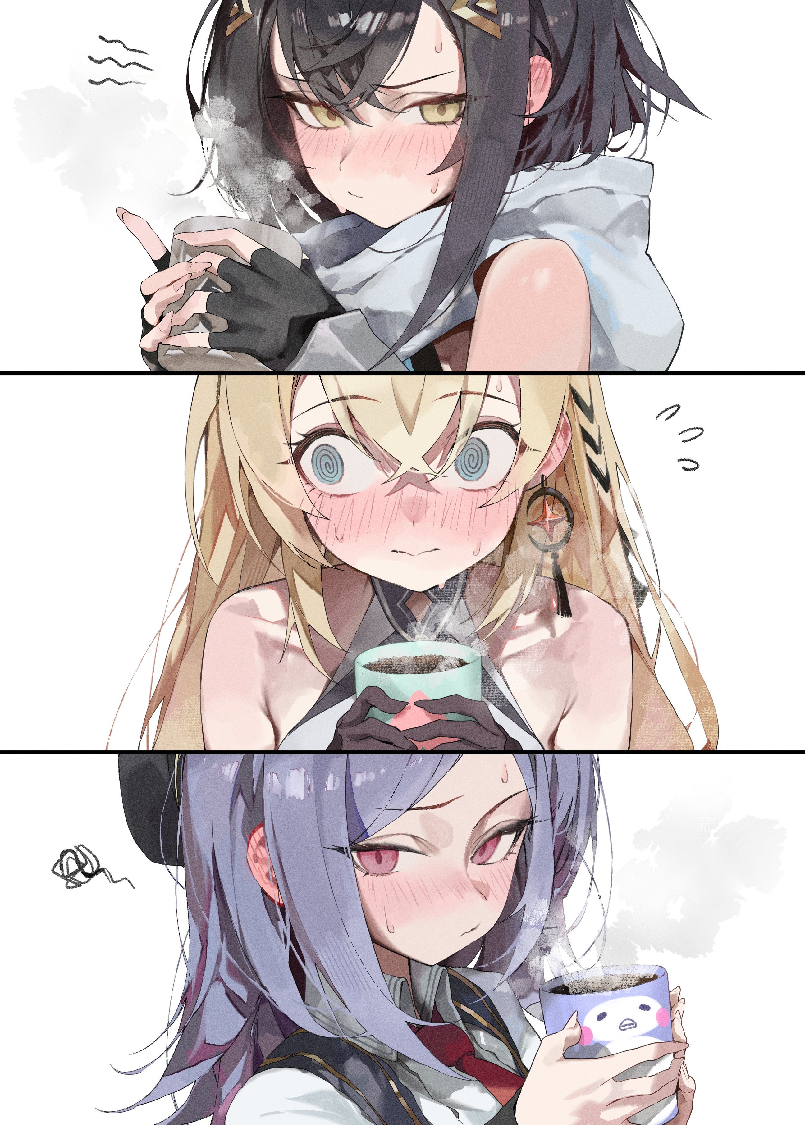 pepq, amber (stella sora), iris (stella sora), noya (stella sora), stella sora, absurdres, commentary, highres, 3girls, @ @, arm guards, armpit crease, bare shoulders, beret, black gloves, black vest, blush, closed mouth, collarbone, collared shirt, crossed bangs, cup, ear blush, earrings, embarrassed, fingerless gloves, flying sweatdrops, gloves, hair between eyes, hair ornament, hairclip, hat, holding, holding cup, hot chocolate, jewelry, long hair, looking at viewer, looking to the side, medium hair, mug, multiple girls, necktie, purple hair, red necktie, scarf, shirt, short hair, simple background, single earring, squiggle, steam, sweatdrop, tsurime, upper body, vest, white background, white scarf, white shirt