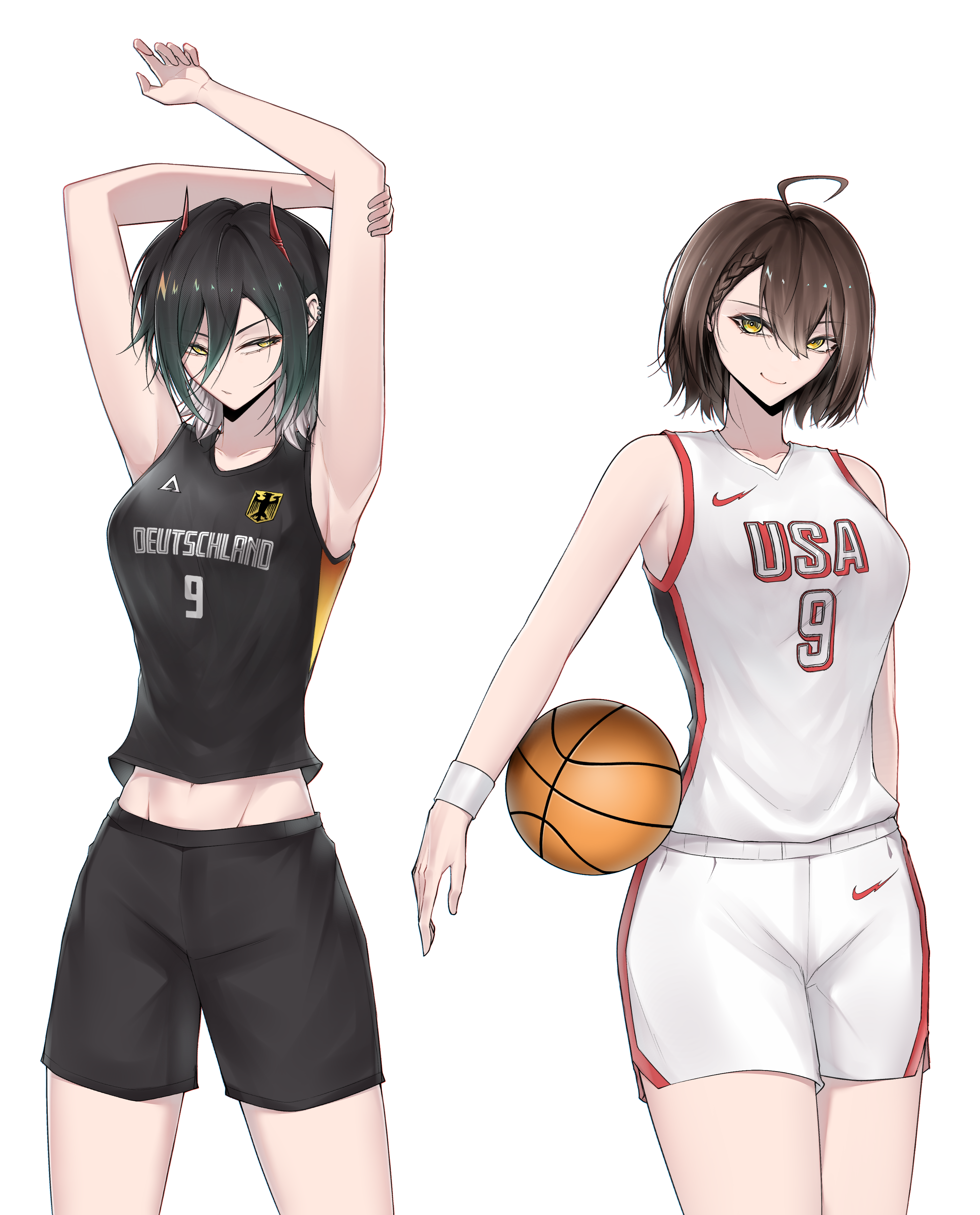 xuwasoo, baltimore (azur lane), ulrich von hutten (azur lane), azur lane, absurdres, commentary, english commentary, highres, 2girls, ahoge, alternate costume, arms up, ball, basketball (object), basketball jersey, basketball uniform, black hair, black shirt, black shorts, braid, breasts, brown hair, cowboy shot, hair between eyes, holding, holding ball, horns, large breasts, long hair between eyes, looking at another, looking at viewer, mechanical horns, midriff, multicolored hair, multiple girls, red horns, shirt, short hair, shorts, side braid, sleeveless, small horns, sportswear, standing, two-tone hair, white hair, white shirt, white shorts, yellow eyes