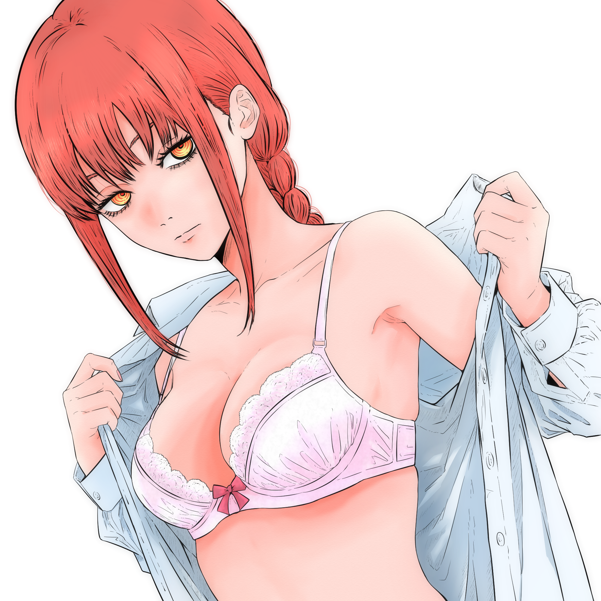isuke (isuke now), makima (chainsaw man), chainsaw man, highres, 1girl, bra, braid, braided ponytail, breasts, closed mouth, medium breasts, open clothes, open shirt, red hair, ringed eyes, shirt, sidelocks, simple background, solo, underwear, white background, white bra, white shirt, yellow eyes