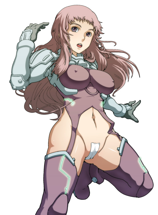 caryo, tabigarasu, ken marinaris, zone of the enders, zone of the enders 2, 00s, 1girl, :o, armor, blunt bangs, blush, bodysuit, boots, breasts, cameltoe, covered erect nipples, curvy, female focus, garter straps, gauntlets, gloves, glowing, grey eyes, groin, impossible clothes, large breasts, leg up, long hair, maebari, navel, no pants, open mouth, pink hair, purple boots, purple thighhighs, simple background, skin tight, solo, standing, standing on one leg, thighhighs, very long hair, wide hips