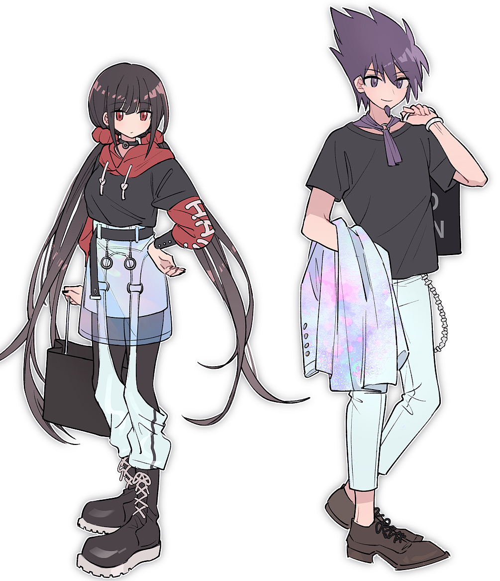 xiao (grsnss25), harukawa maki, momota kaito, danganronpa (series), danganronpa v3: killing harmony, commentary request, 1boy, 1girl, bag, black choker, black leggings, black shirt, blunt bangs, boots, brown hair, choker, facial hair, full body, goatee, hair between eyes, hair ornament, hair scrunchie, hand on own hip, holding, holding bag, hood, hoodie, jacket, leggings, light blush, long hair, long sleeves, looking at viewer, low twintails, pants, purple eyes, purple facial hair, purple hair, red eyes, red scrunchie, scrunchie, see-through clothes, see-through skirt, shirt, short hair, skirt, smile, space print, spiked hair, standing, starry sky print, suspenders, t-shirt, twintails, two-tone hoodie, unworn jacket, very long hair, white background