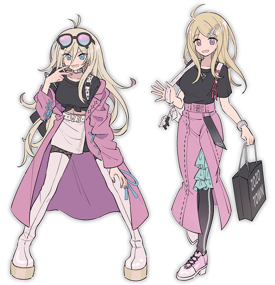 xiao (grsnss25), akamatsu kaede, iruma miu, monokuma, danganronpa (series), danganronpa v3: killing harmony, commentary request, 2girls, ahoge, antenna hair, bag, belt collar, black shirt, blonde hair, blue eyes, blush, boots, choker, coat, collar, fishnet pantyhose, fishnets, fortissimo, full body, hair between eyes, hair ornament, hand on own knee, holding, holding bag, jewelry, leggings, legs apart, long hair, long sleeves, looking at viewer, multiple girls, musical note, musical note hair ornament, nail polish, necklace, off shoulder, open mouth, pantyhose, pink coat, pink skirt, purple eyes, shirt, skirt, smile, standing, t-shirt, thigh boots, v, v over mouth, waving, white background, white skirt