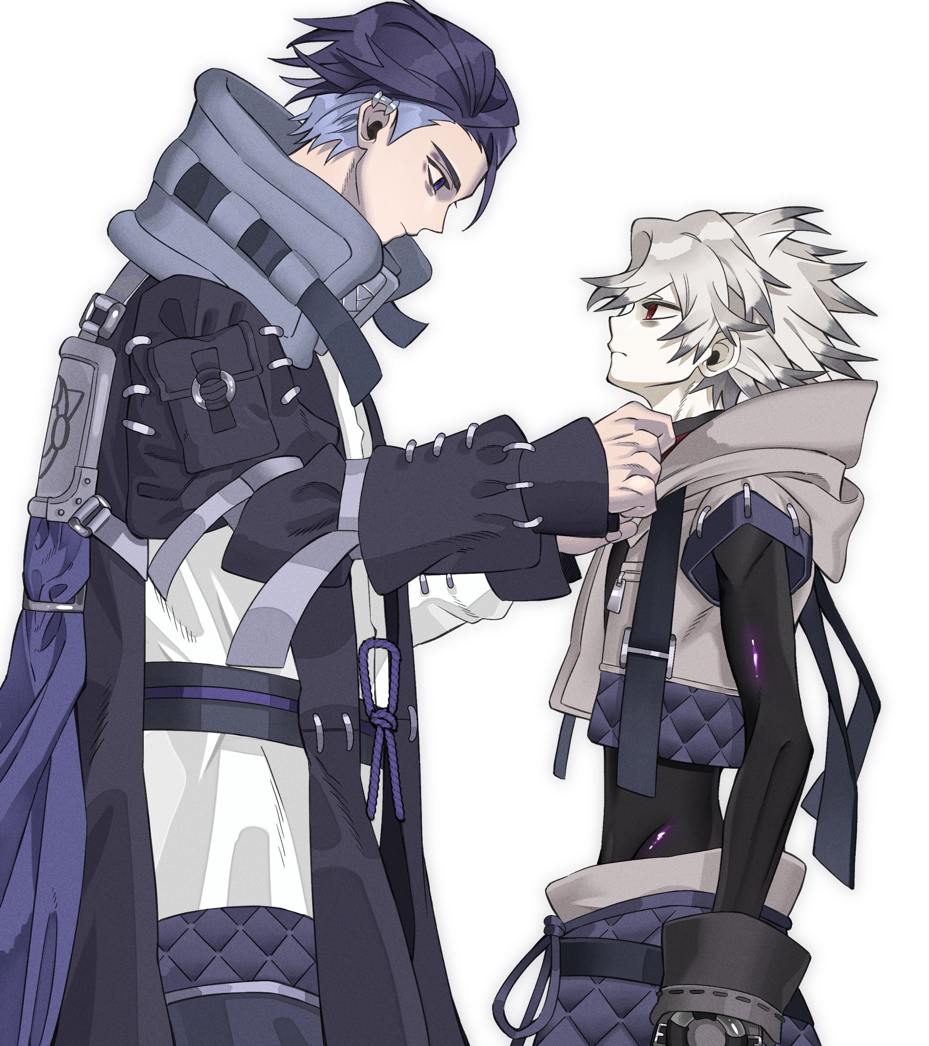 rudo surebrec, zodyl typhon, gachiakuta, highres, 2boys, arm pouch, cowboy shot, grey hair, grey jacket, height difference, jacket, looking at another, male focus, multicolored hair, multiple boys, namuru (7 mu ru), pale skin, pouch, purple eyes, purple hair, red eyes, simple background, spiked hair, standing, two-tone hair, white background