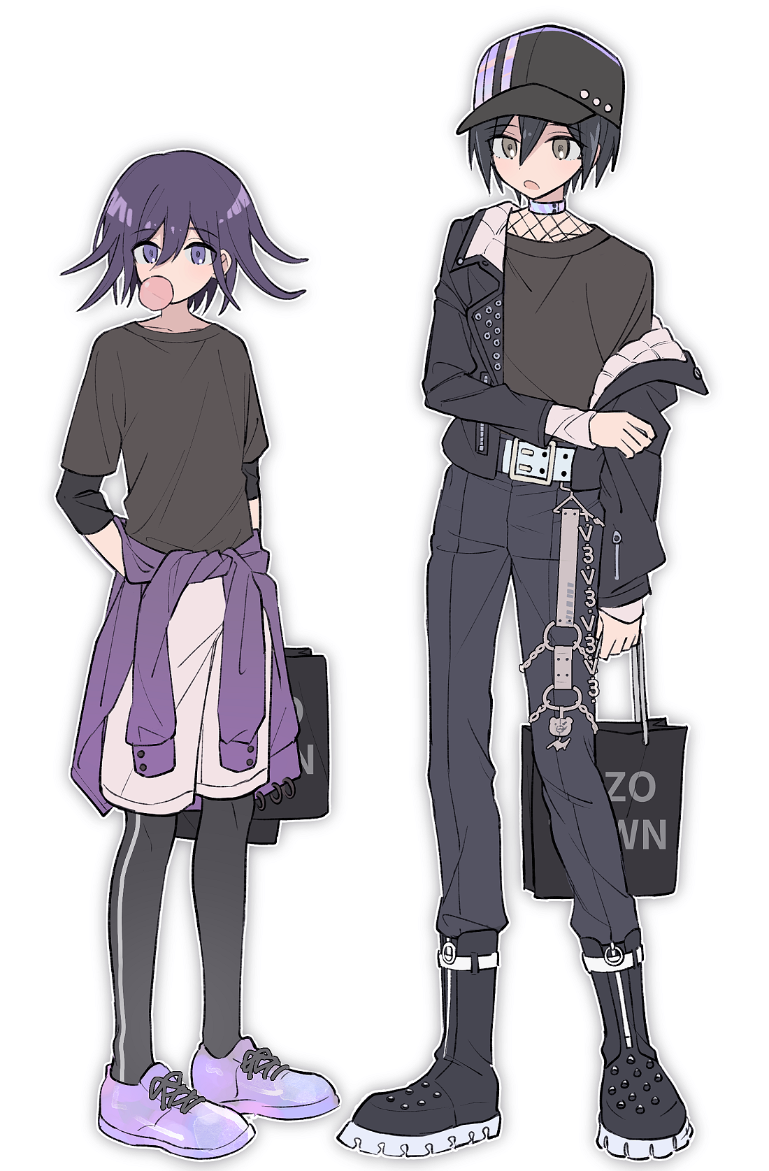 xiao (grsnss25), oma kokichi, saihara shuichi, danganronpa (series), danganronpa v3: killing harmony, commentary request, highres, 2boys, bag, black hair, black hat, blowing bubble gum, boots, chewing gum, choker, clothes around waist, fishnet top, fishnets, flipped hair, full body, hair between eyes, hands in pockets, hat, height difference, holding, holding bag, layered sleeves, leggings under shorts, long sleeves, looking at viewer, male focus, multiple boys, off shoulder, open mouth, pants, purple eyes, purple hair, shirt, short hair, short over long sleeves, short sleeves, shorts, simple background, standing, strap, studded footwear, white background, white choker, white shorts