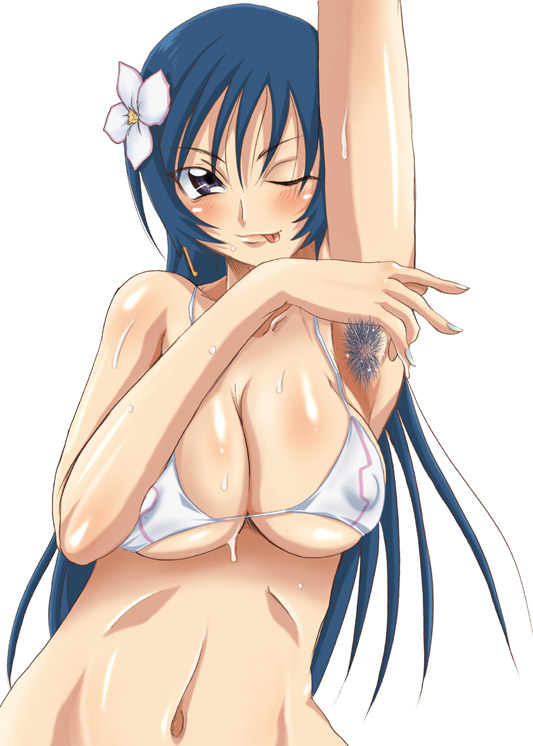 hirokawa kouichirou, 1girl, armpit hair, armpits, bikini, blue hair, blush, breasts, colored armpit hair, covered erect nipples, female focus, hair ornament, large breasts, licking lips, long hair, nail (hardware), navel, nipples, one eye closed, solo, standing, swimsuit, tongue, tongue out, upper body, wink