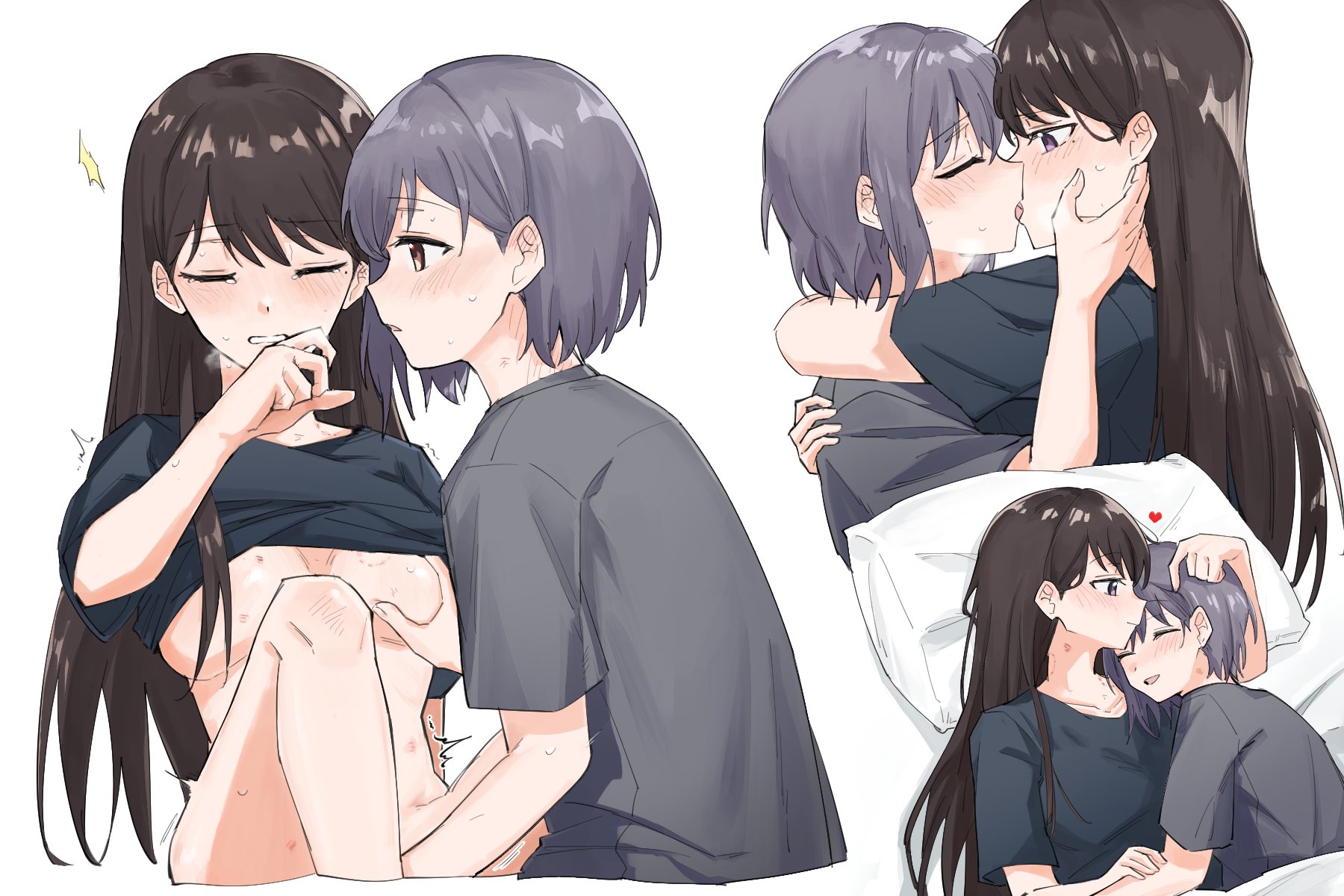 ggxc, shiina taki, takamatsu tomori, bang dream!, bang dream! it's mygo!!!!!, commentary request, highres, 2girls, bite mark, bite mark on breast, bite mark on shoulder, black hair, black shirt, blush, brown eyes, closed eyes, couple, french kiss, grey hair, grey shirt, groping, heart, hickey, hug, implied fingering, kiss, long hair, multiple girls, no bra, open mouth, pillow, purple eyes, shirt, short hair, sweat, tearing up, yuri