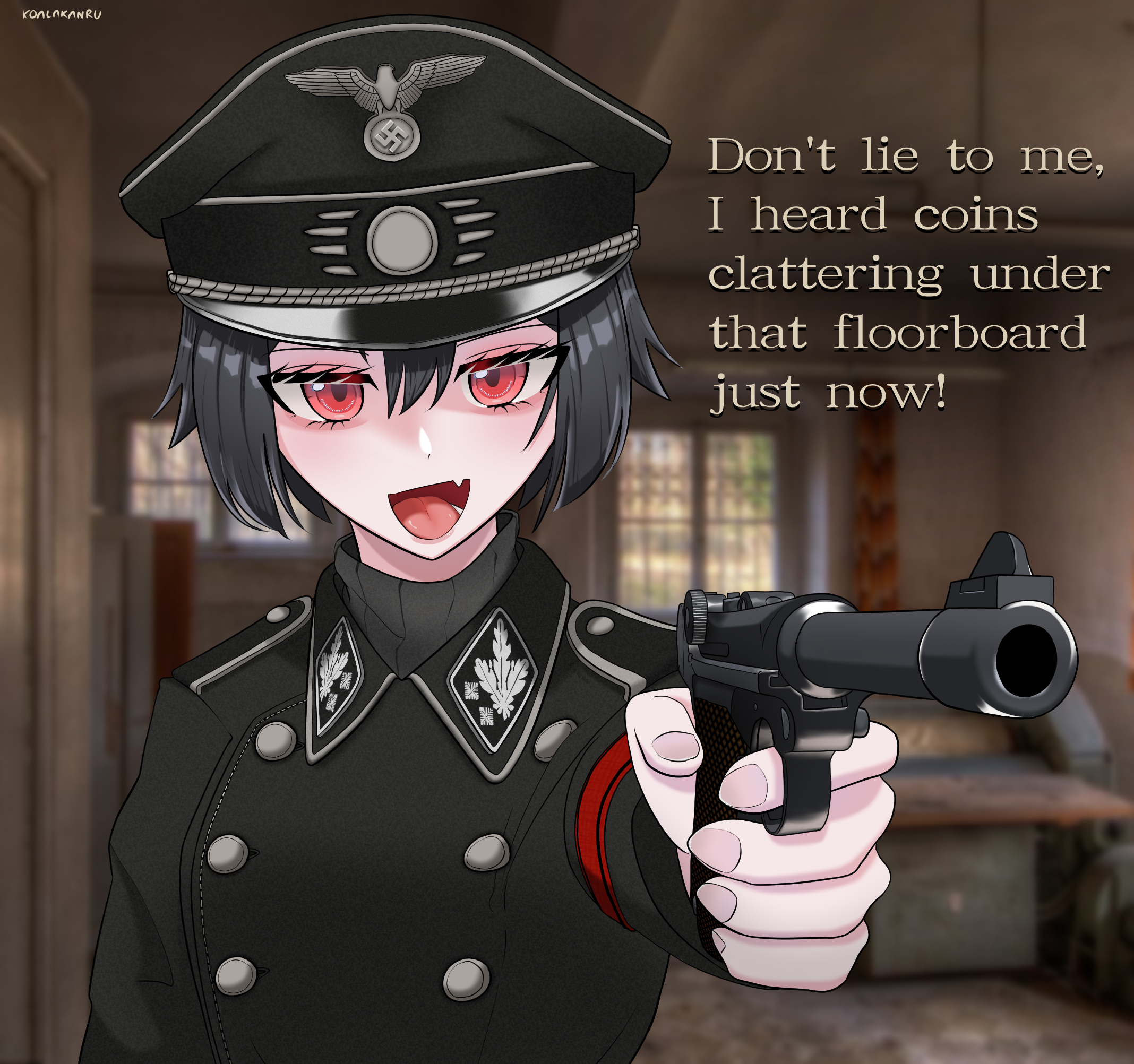 koalakanru, original, highres, 1girl, aiming, artist name, black hair, black hat, english text, fang, hair between eyes, hat, jacket, looking at viewer, military hat, military uniform, nazi, open mouth, peaked cap, red eyes, reichsadler, sven hoffmann, talking, tongue