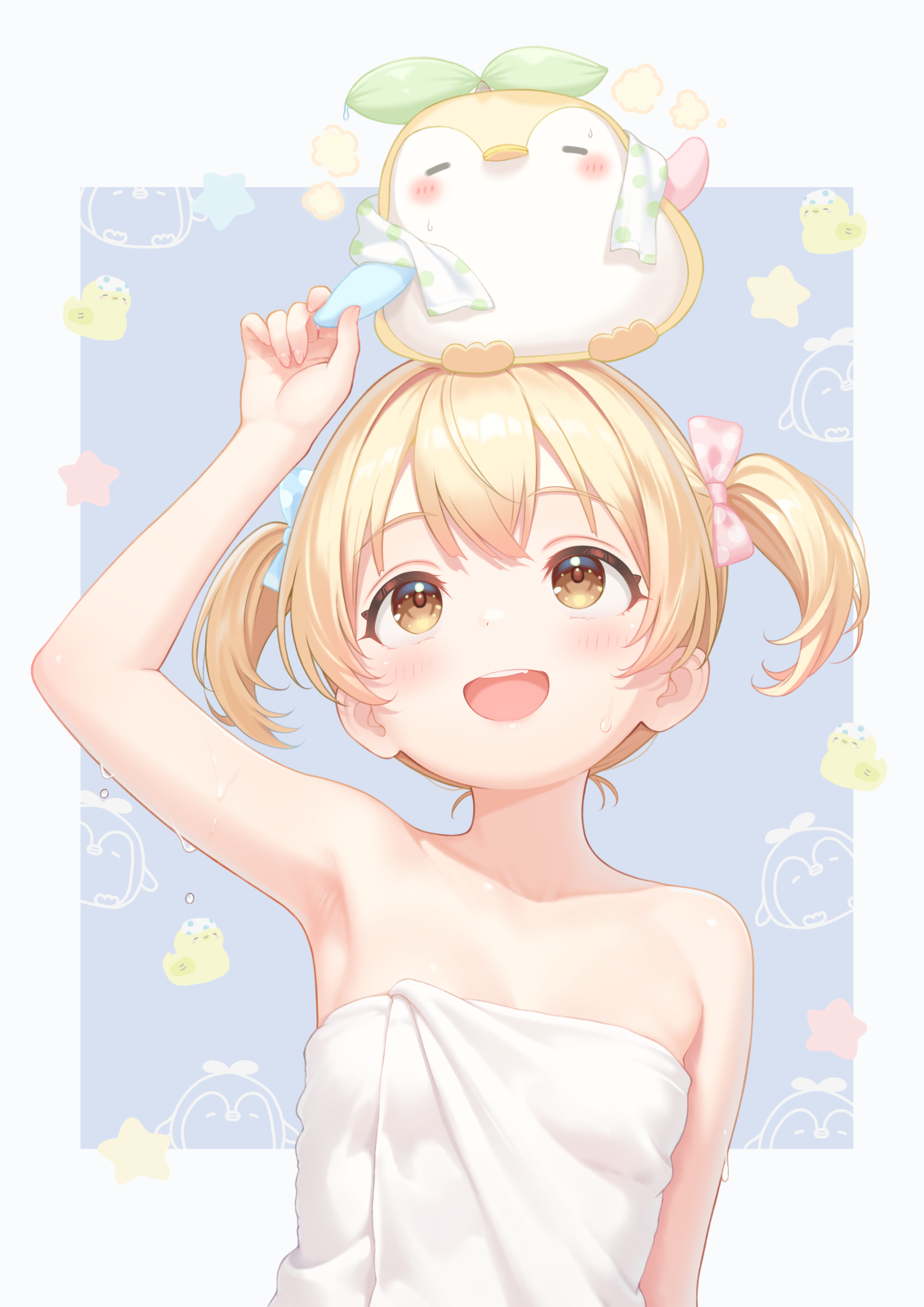 rebun, minami mii, original, highres, 1girl, arm up, armpits, bare shoulders, bird, blonde hair, blush, border, breasts, brown eyes, collarbone, dot nose, double-parted bangs, grey border, looking up, naked towel, open mouth, outside border, penguin, short hair, sidelocks, simple background, small breasts, smile, solo, teeth, towel, twintails, upper teeth only