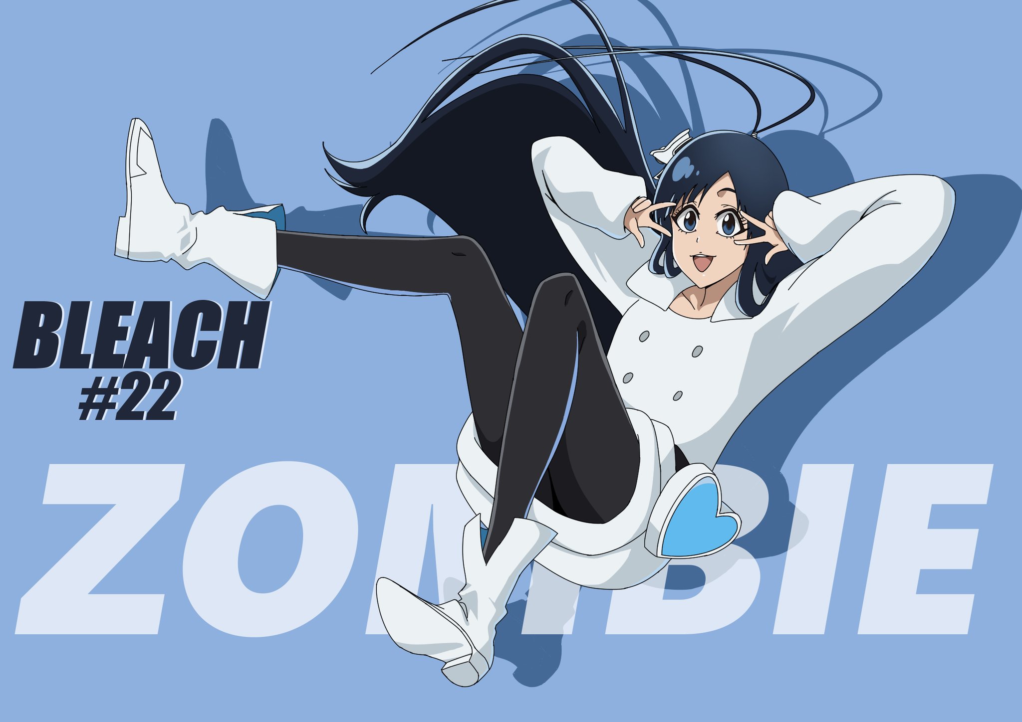 sha11021997, giselle gewelle, bleach, bleach: sennen kessen-hen, commentary request, highres, 1boy, :d, anime coloring, antenna hair, arms up, black hair, black pantyhose, blue background, blue eyes, boots, buttons, copyright name, double-breasted, double v, dress, drop shadow, eyelashes, floating hair, full body, hair over shoulder, heart pouch, long hair, looking at viewer, male focus, official artist extra, official style, open mouth, pantyhose, short dress, simple background, sleeves past wrists, smile, solo, straight hair, tareme, teeth, trap, upper teeth only, v, v over eye, very long hair, white boots, white dress