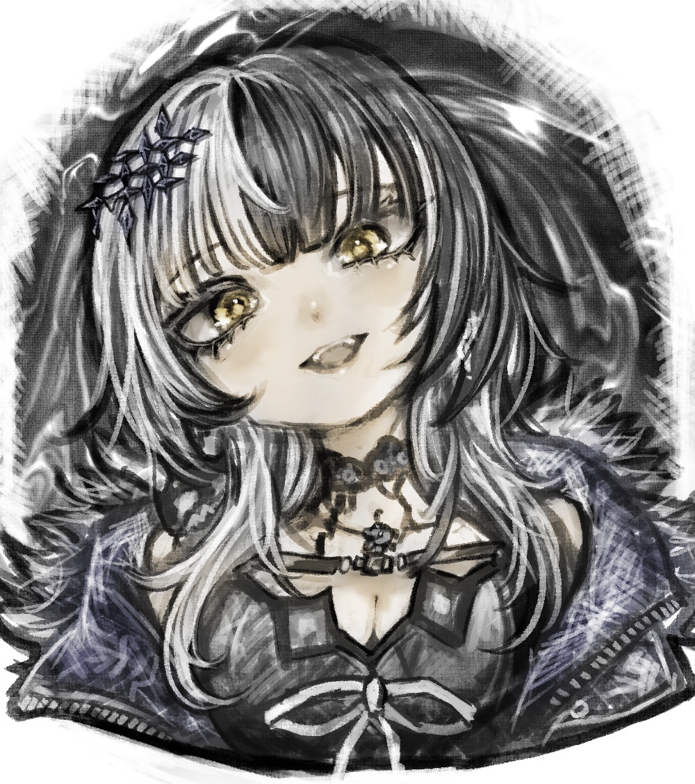 tsukihi shida, shiori novella, shiori novella (1st costume), hololive, hololive english, 1girl, black choker, black coat, black dress, black hair, breasts, choker, cleavage, coat, dress, fur-trimmed coat, fur trim, long hair, looking at viewer, medium breasts, multicolored hair, open mouth, ribbon, solo, split-color hair, two-tone hair, virtual youtuber, white hair, white ribbon, yellow eyes