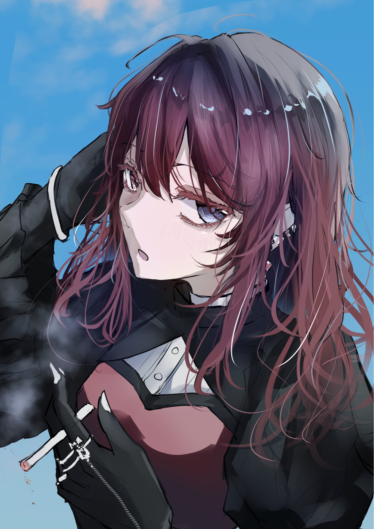 tanake (tanakei ado), tia (ado), ado (utaite), domestic de violence, commentary request, highres, 1girl, arm up, black skin, blue background, blue eyes, cigarette, colored skin, earclip, gradient hair, heterochromia, holding, holding cigarette, looking at viewer, multicolored hair, open mouth, red eyes, red hair, solo, upper body, white nails