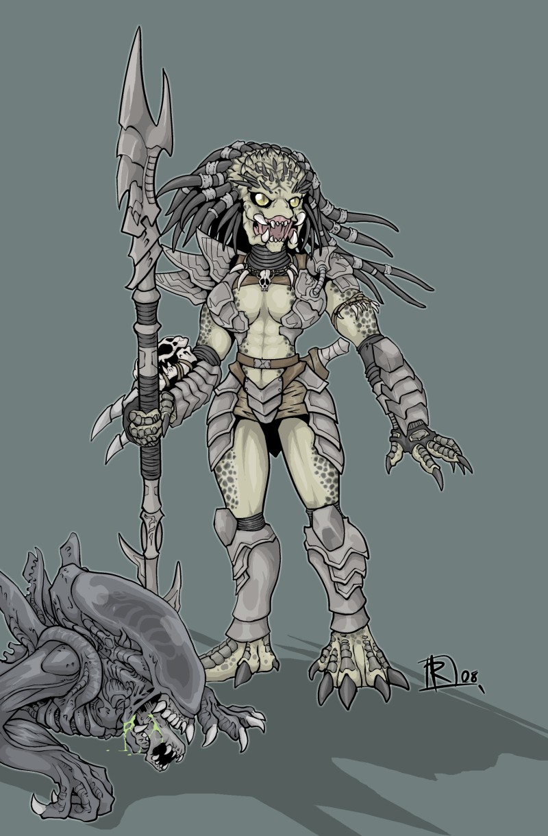 predator (character), xenomorph, highres, alien, armband, armor, breastplate, breasts, claws, cleavage cutout, clothing cutout, dreadlocks, fingerless gloves, glaive (polearm), gloves, greaves, hidden weapon, jewelry, large breasts, mandibles, midriff, monster girl, necklace, pauldrons, polearm, sheath, shoulder armor, skull, weapon, wrist blades