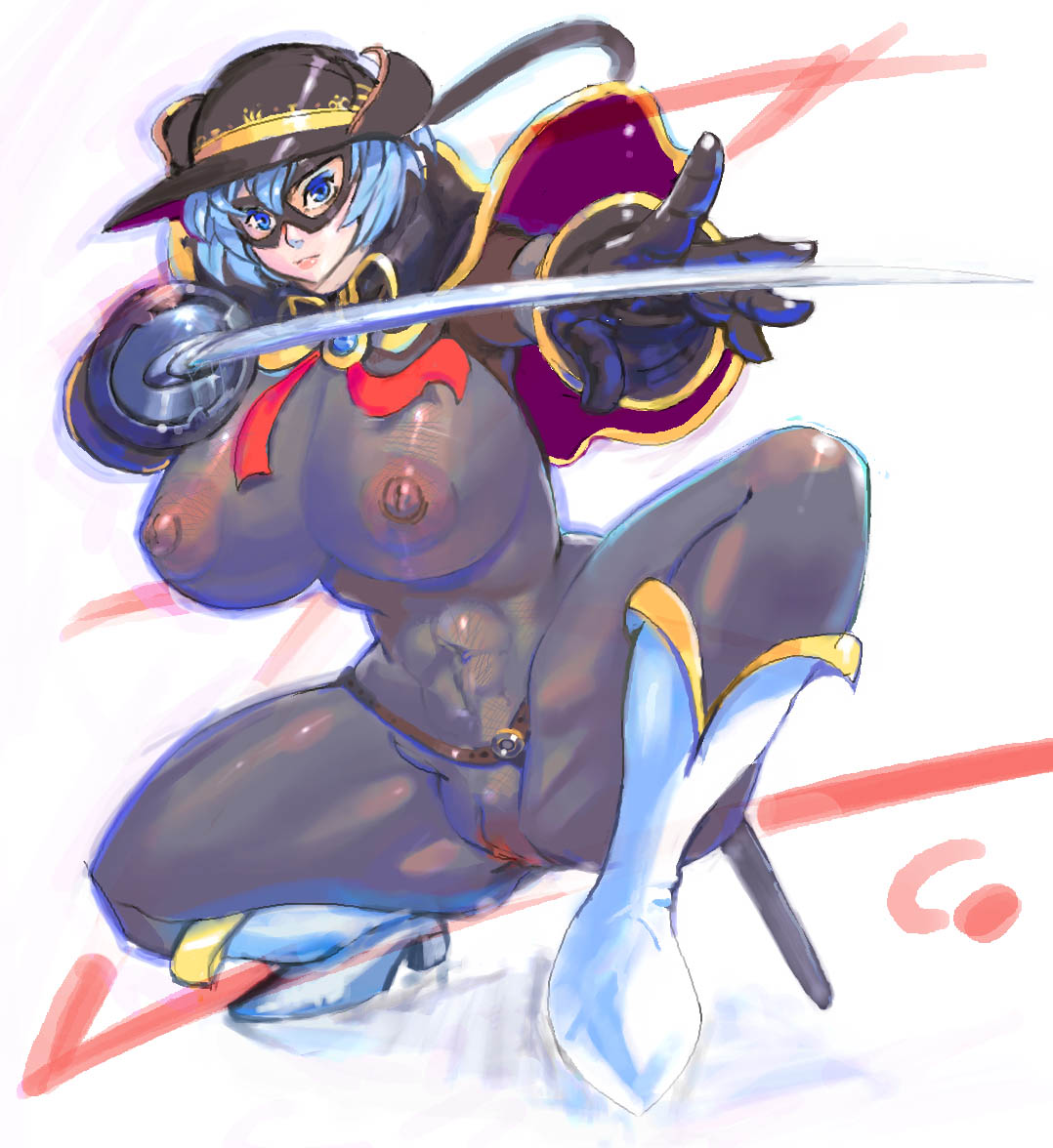 ukatsu juuzou, abs, bodysuit, boots, breasts, curvy, hat, huge breasts, large breasts, mask, muscular, pussy, see-through clothes, sword, uncensored, weapon