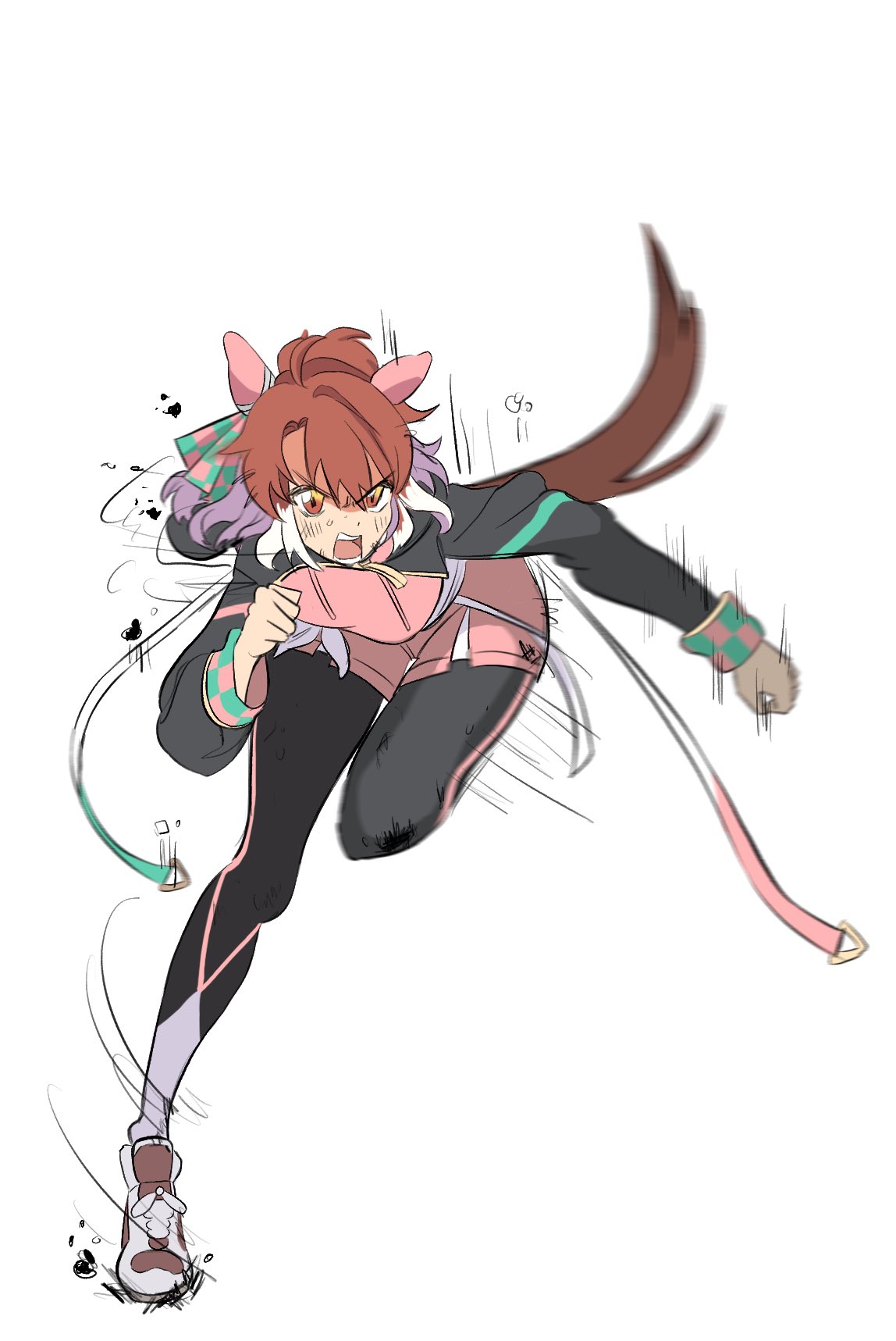 dantsu flame (center spotlight) (umamusume), dantsu flame (umamusume), umamusume, highres, 1girl, ahoge, animal ears, black leggings, black shrug, bow, breasts, brown eyes, brown hair, checkered ribbon, ear covers, ear ornament, ear ribbon, hair between eyes, horse ears, horse girl, horse tail, hyome, large breasts, leggings, leggings under shorts, long sleeves, looking at viewer, multicolored hair, open mouth, pink shirt, pink shorts, shirt, shoes, shorts, shrug (clothing), simple background, solo, tail, teeth, tied shirt, white background, white hair, white shirt