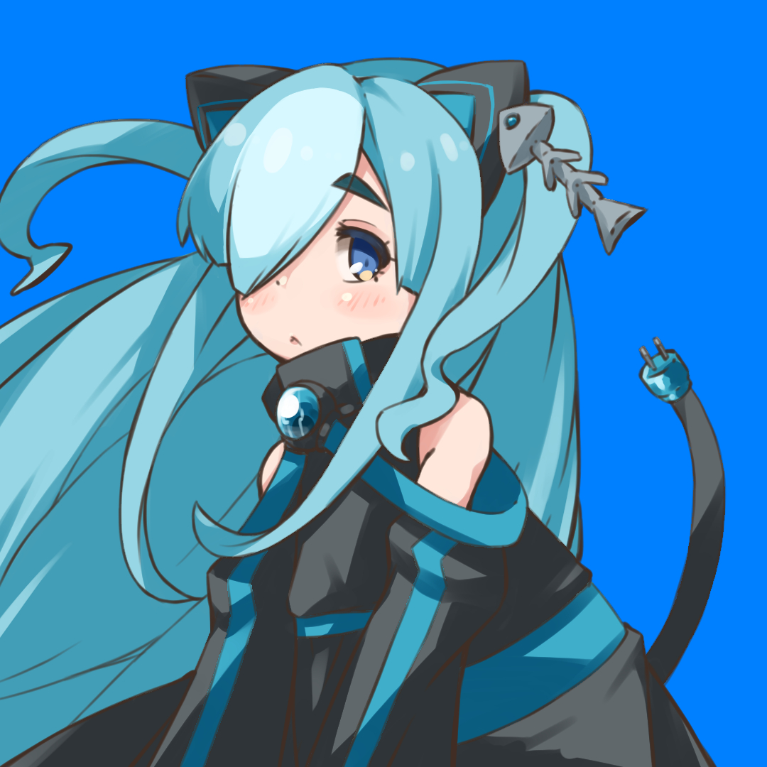 voicevox, 1girl, :<, animal ears, ansui (ytgps1mpzyyfxeb), bare shoulders, black dress, blue background, blue eyes, blue hair, blush, cat girl, closed mouth, clothing cutout, dress, electric plug, electric plug tail, fake animal ears, fish skeleton hair ornament, floating hair, hair over one eye, high collar, long hair, looking at viewer, nekotuka b, one eye covered, shoulder cutout, simple background, solo, tail, thick eyebrows, two side up