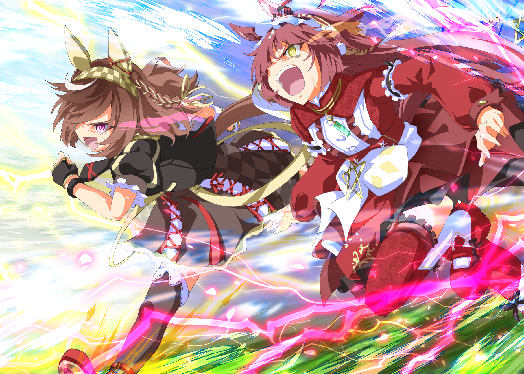 zukki (bijitaru), buena vista (umamusume), red desire (umamusume), umamusume, highres, 2girls, ahoge, animal ears, black dress, black thighhighs, blunt bangs, blunt ends, blunt sidelocks, braid, breasts, brown hair, brown headdress, checkered hairband, dress, eye trail, glowing, glowing eyes, hair between eyes, hair ornament, hairband, headband, horse ears, horse girl, horse tail, light trail, long hair, long sleeves, medium hair, multiple girls, open mouth, puffy short sleeves, puffy sleeves, purple eyes, red dress, red hair, red hairband, red headdress, red thighhighs, running, shoes, short sleeves, sidelocks, star ornament, sweat, tail, teeth, thighhighs, upper teeth only, yellow eyes