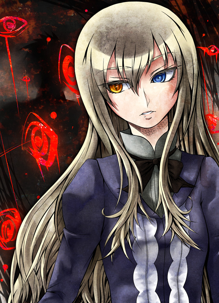 kurotsuki nanai, mary clarissa christie, shikkoku no sharnoth, steampunk (liarsoft), looking away, 1girl, blonde hair, blue eyes, female focus, heterochromia, lips, long hair, parted lips, slit pupils, solo, yellow eyes
