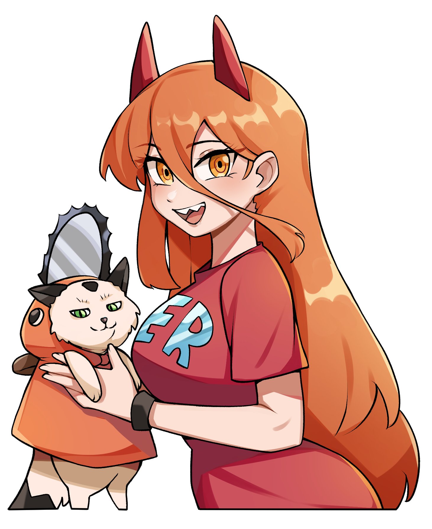 oninuer, pochita (chainsaw man), power (chainsaw man), chainsaw man, commentary, english commentary, highres, 1girl, animal, breasts, cat, cosplay, cropped torso, demon girl, demon horns, double-parted bangs, hair between eyes, holding, holding animal, holding cat, horns, large breasts, long hair, long hair between eyes, looking at viewer, open mouth, orange eyes, orange hair, pochita (chainsaw man) (cosplay), red horns, red shirt, ringed eyes, sharp teeth, shirt, short sleeves, simple background, smile, solo, t-shirt, teeth, white background