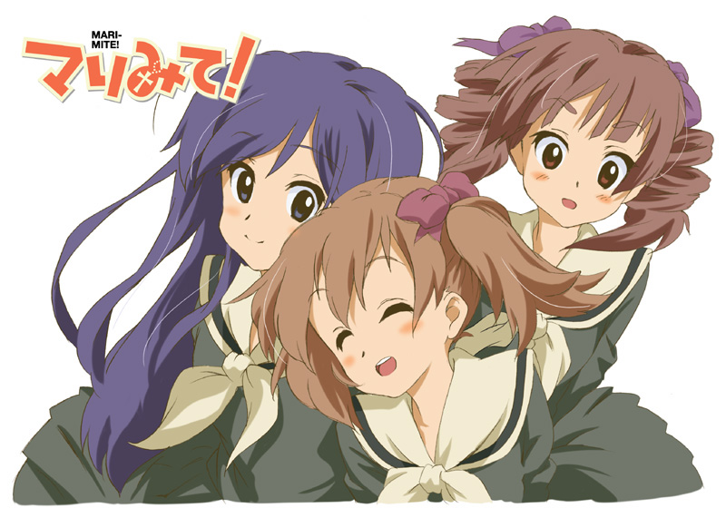 totsuki touka (orange factory), touka (orange october), touka (pixiv157647), fukuzawa yumi, matsudaira touko, ogasawara sachiko, k-on!, maria-sama ga miteru, 3girls, brown hair, closed eyes, drill hair, long hair, multiple girls, parody, round teeth, school uniform, serafuku, smile, style parody, teeth, twintails
